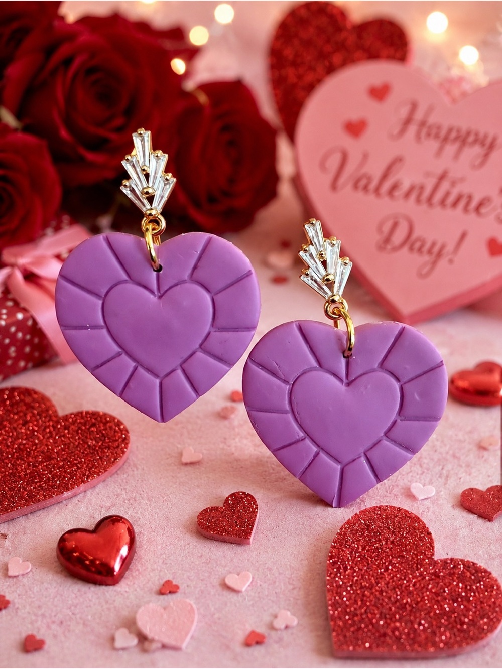 Purple Heart Drop Handmade Polymer Clay Earrings